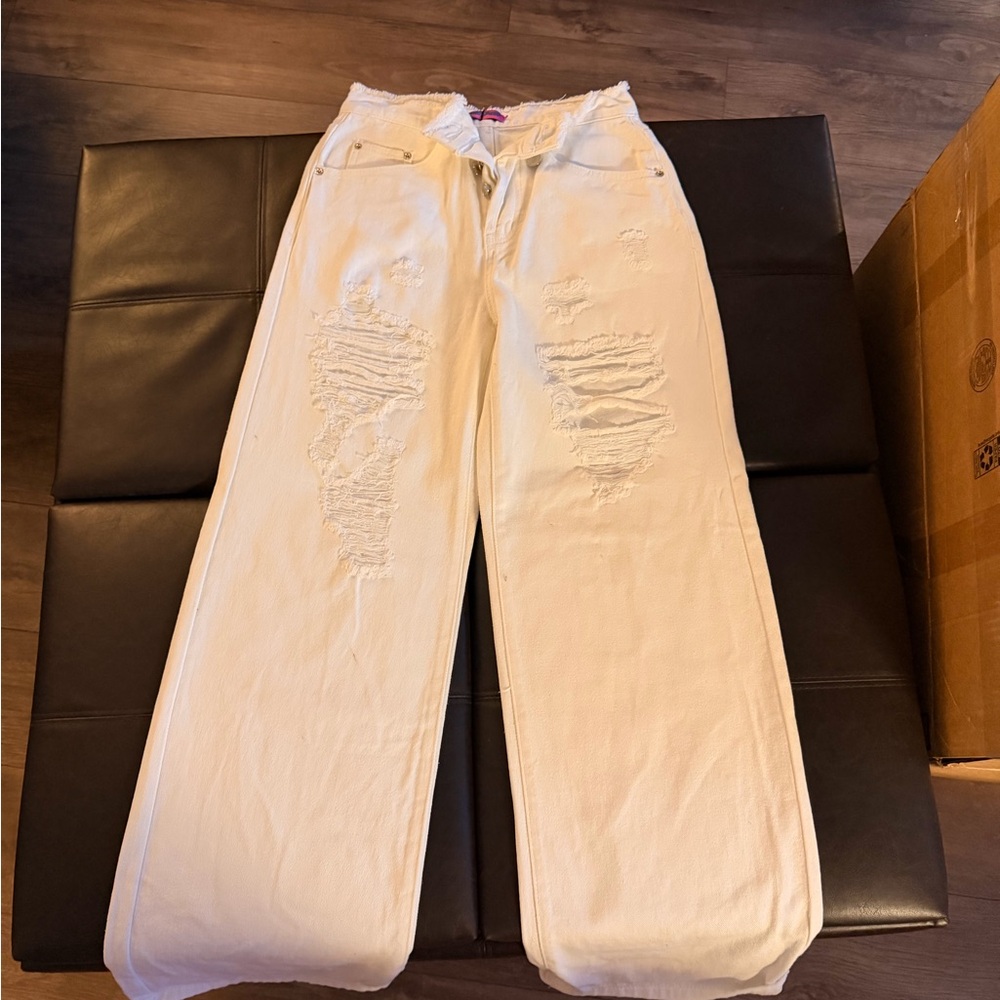 Edikted Cream Distressed Wide Leg Jeans